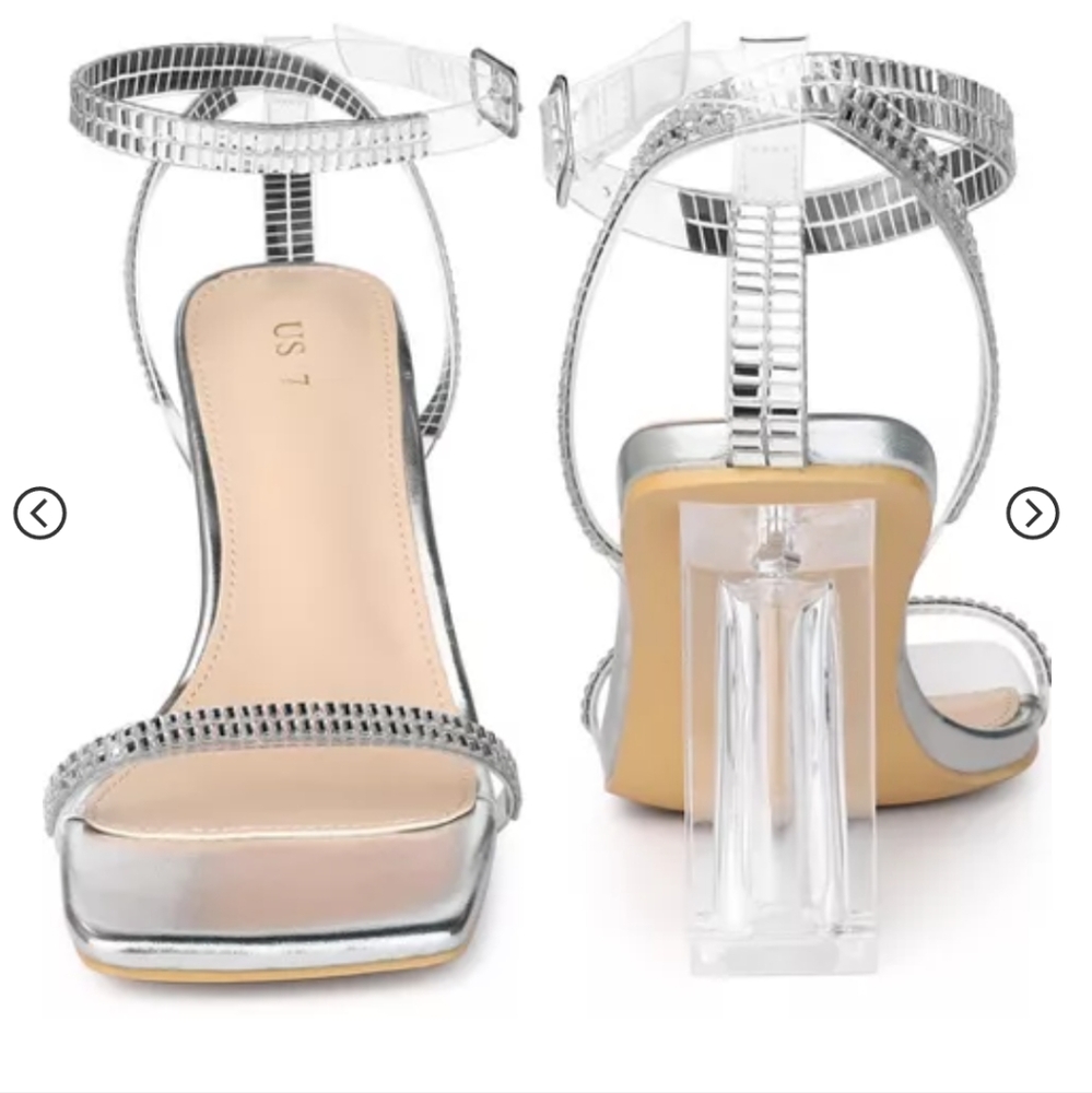 Square Toe Rhinestone Straps With Clear Heels Sandals Size 10